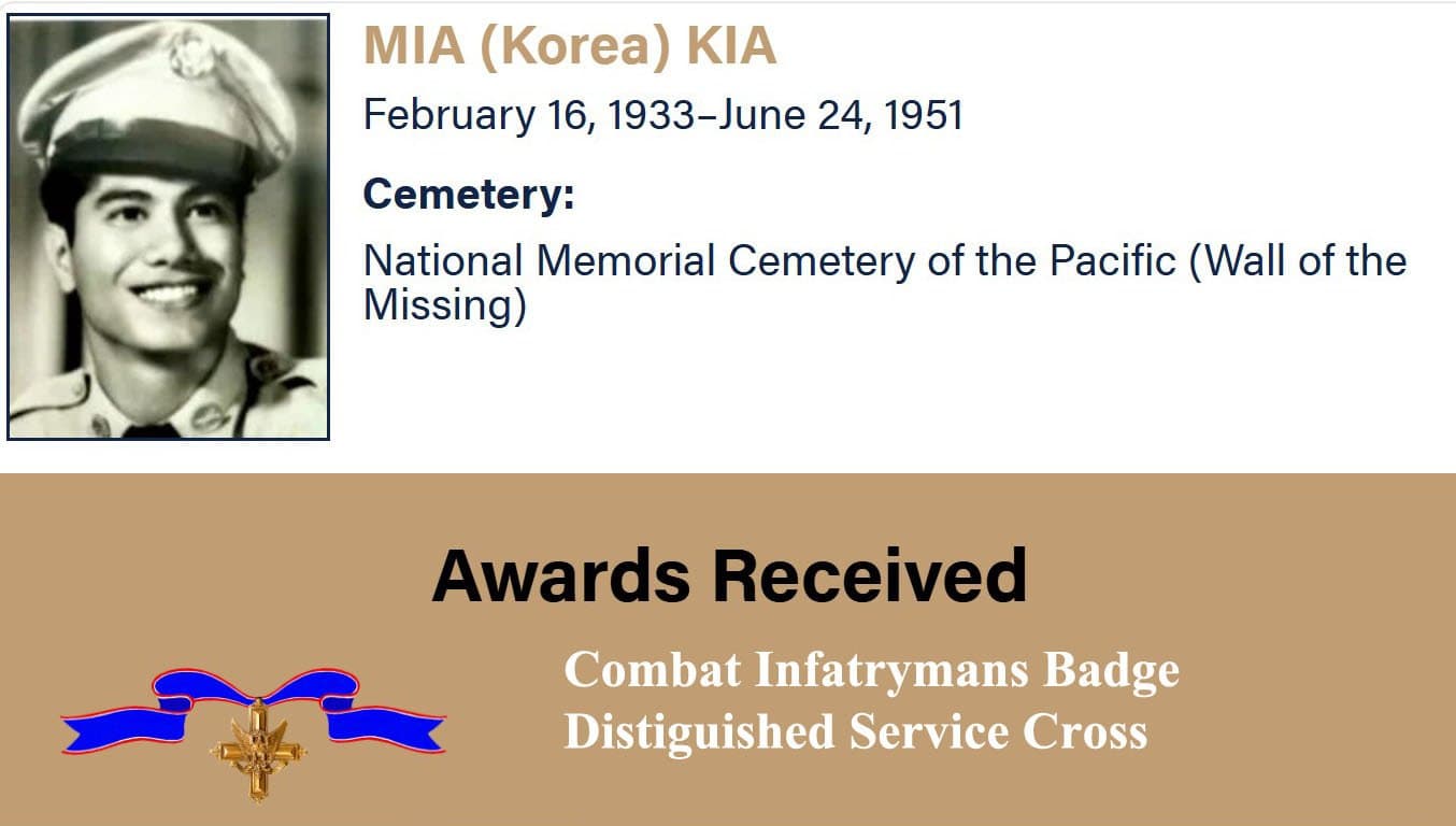 Memorial record for Leroy Kauhini listing MIA status and awards