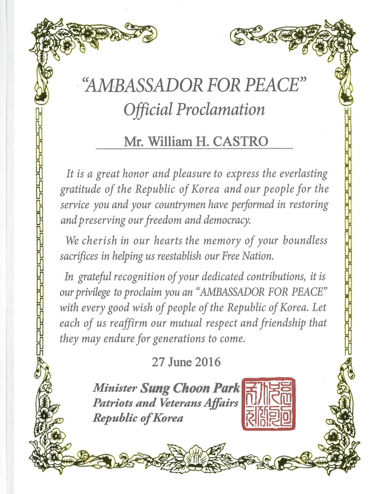 Ambassador for Peace proclamation issued to Mr. William H. Castro