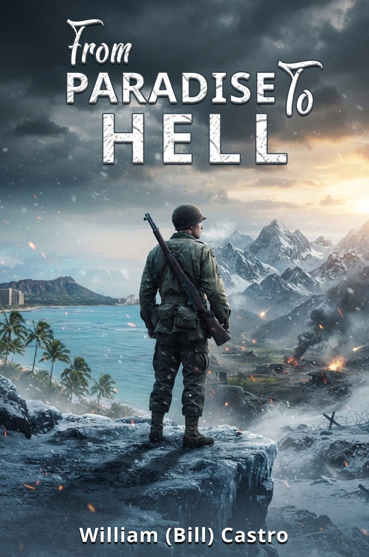 From Paradise to Hell — front cover, showing a soldier on a frozen ledge between Waikiki and the Korean mountains