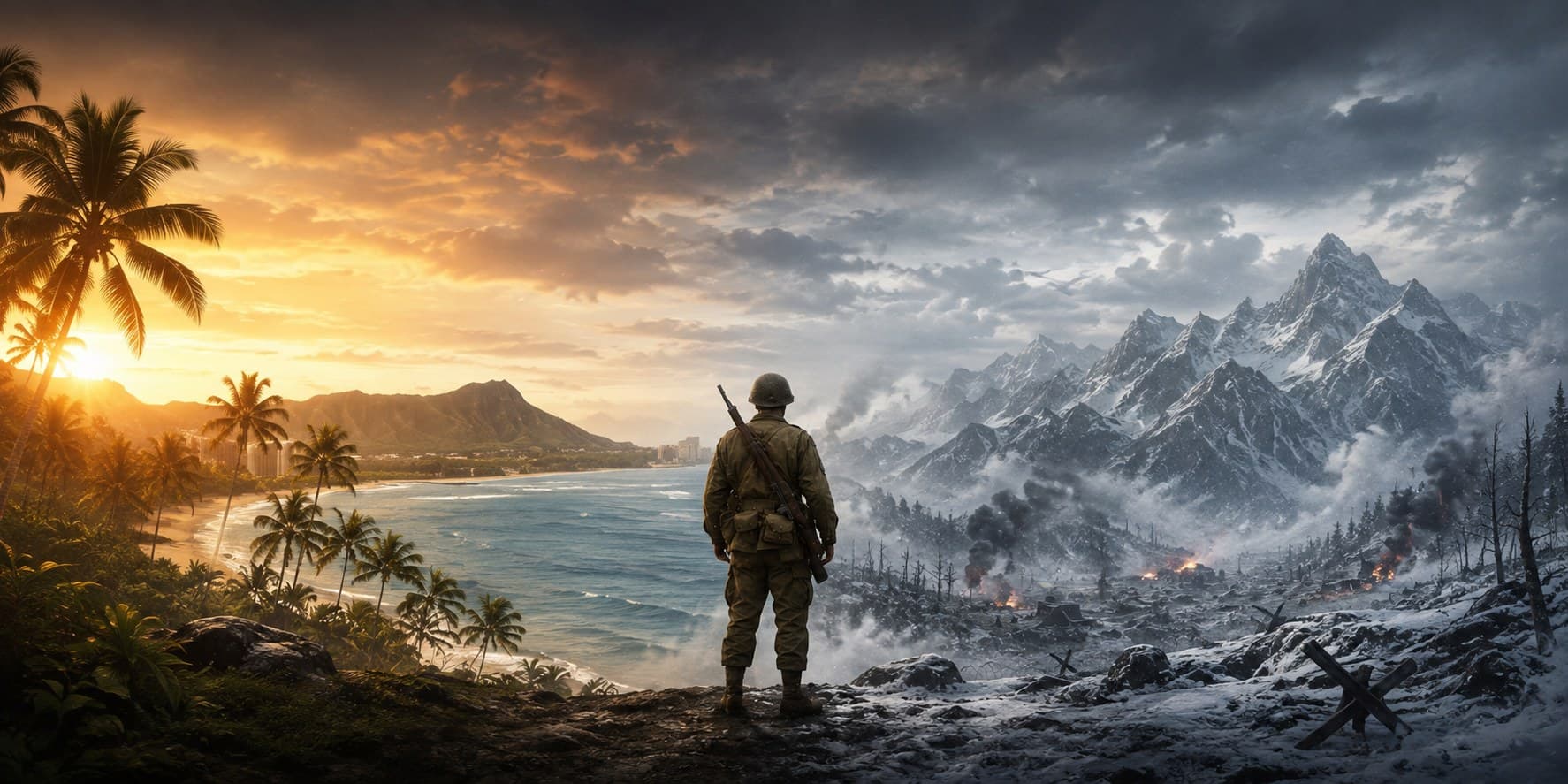 A soldier standing on a ridge between a Hawaiian shoreline at sunset and a snow-covered Korean mountain range
